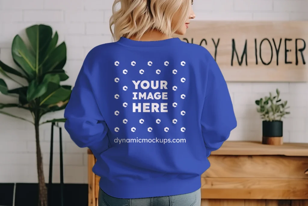 Woman Wearing Dark Blue Sweatshirt Mockup Back View Template