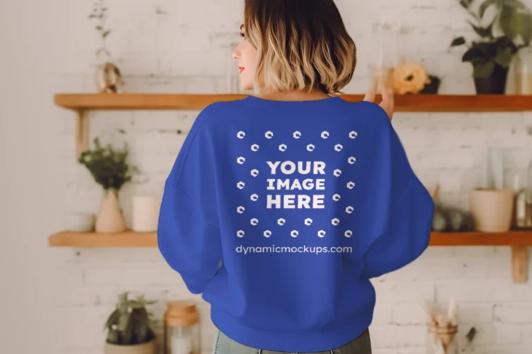 Woman Wearing Dark Blue Sweatshirt Mockup Back View Template