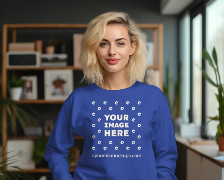 Woman Wearing Dark Blue Sweatshirt Mockup Front View Template