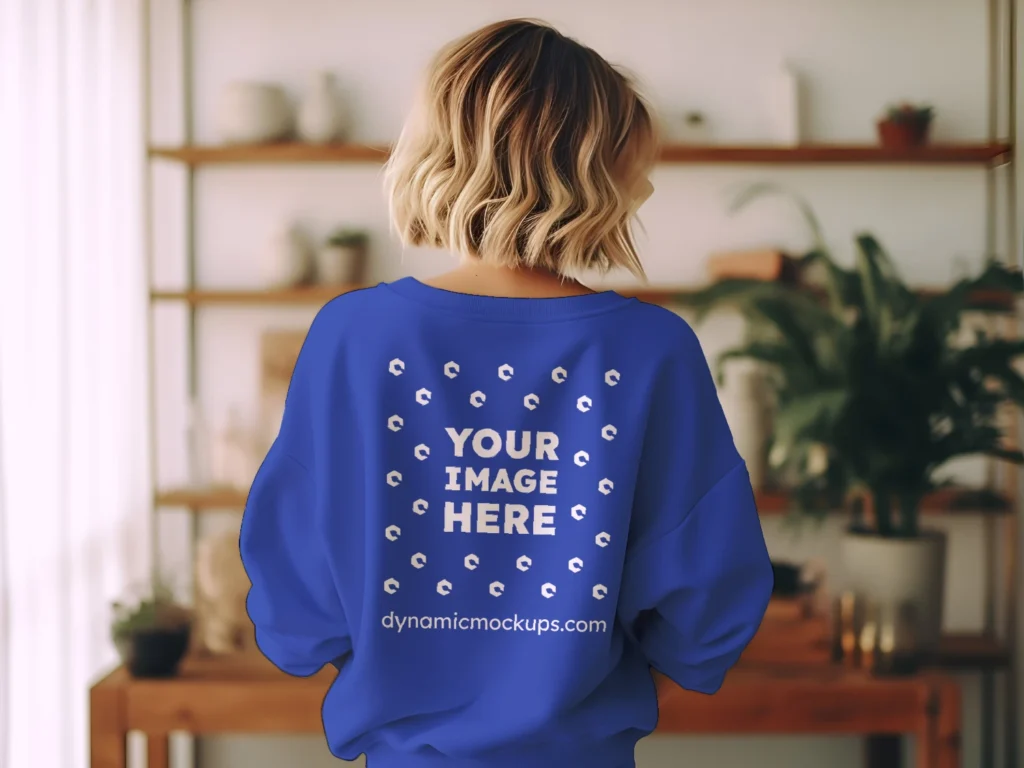 Woman Wearing Dark Blue Sweatshirt Mockup Back View Template