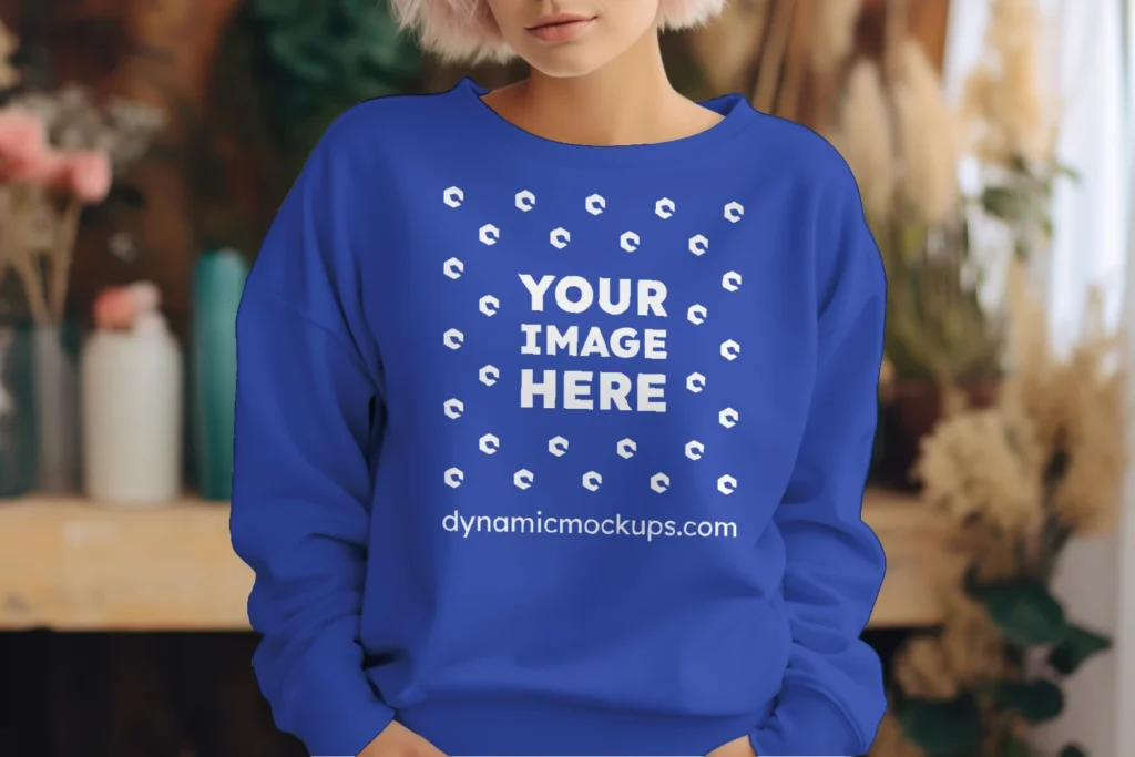 Woman Wearing Dark Blue Sweatshirt Mockup Front View Template