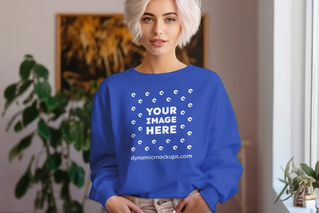 Woman Wearing Dark Blue Sweatshirt Mockup Front View Template