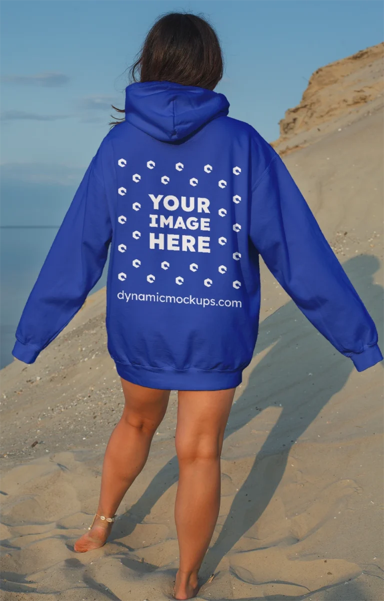 Woman Wearing Dark Blue Hoodie Mockup Back View Template