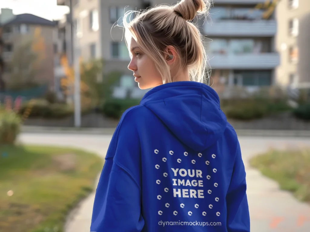 Woman Wearing Dark Blue Hoodie Mockup Back View Template