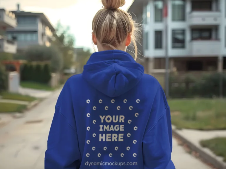 Woman Wearing Dark Blue Hoodie Mockup Back View Template