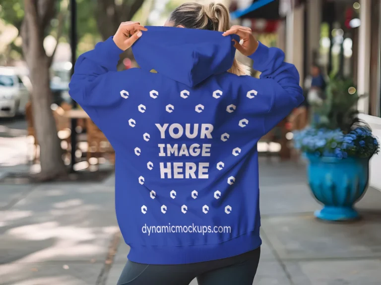 Woman Wearing Dark Blue Hoodie Mockup Back View Template