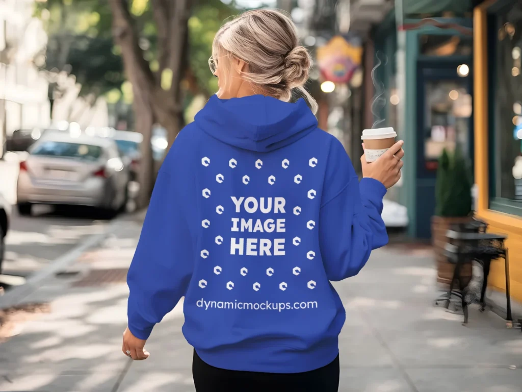 Woman Wearing Dark Blue Hoodie Mockup Back View Template