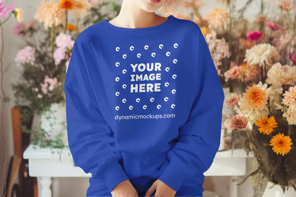 Woman Wearing Dark Blue Sweatshirt Mockup Front View Template