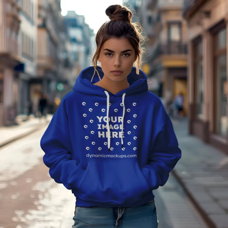 Woman Wearing Dark Blue Hoodie Mockup Front View Template