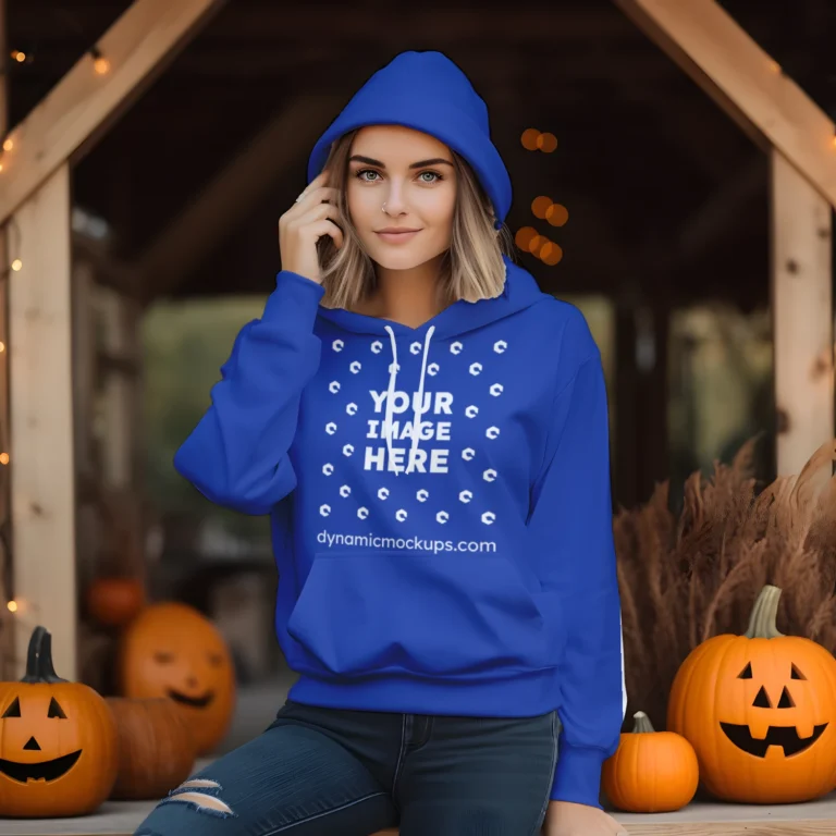 Woman Wearing Dark Blue Hoodie Mockup Front View Template