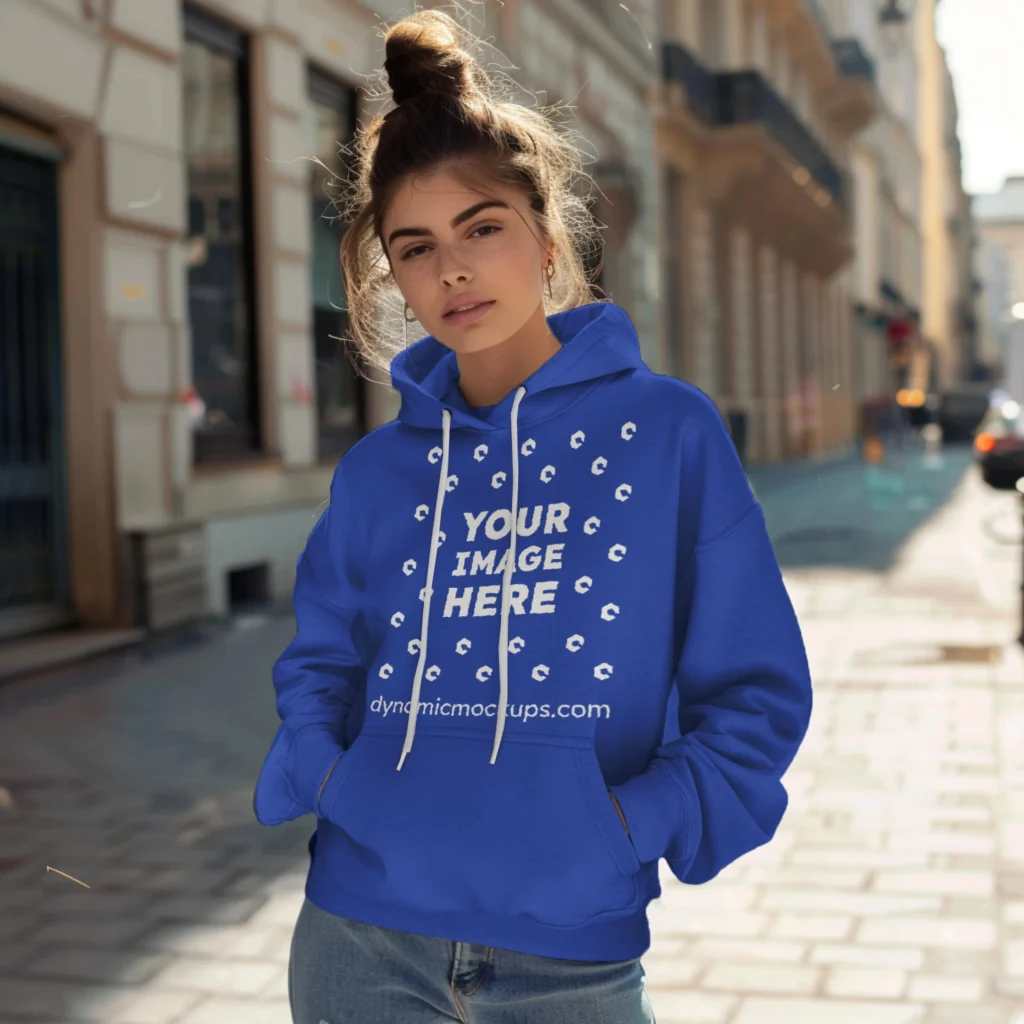 Woman Wearing Dark Blue Hoodie Mockup Front View Template