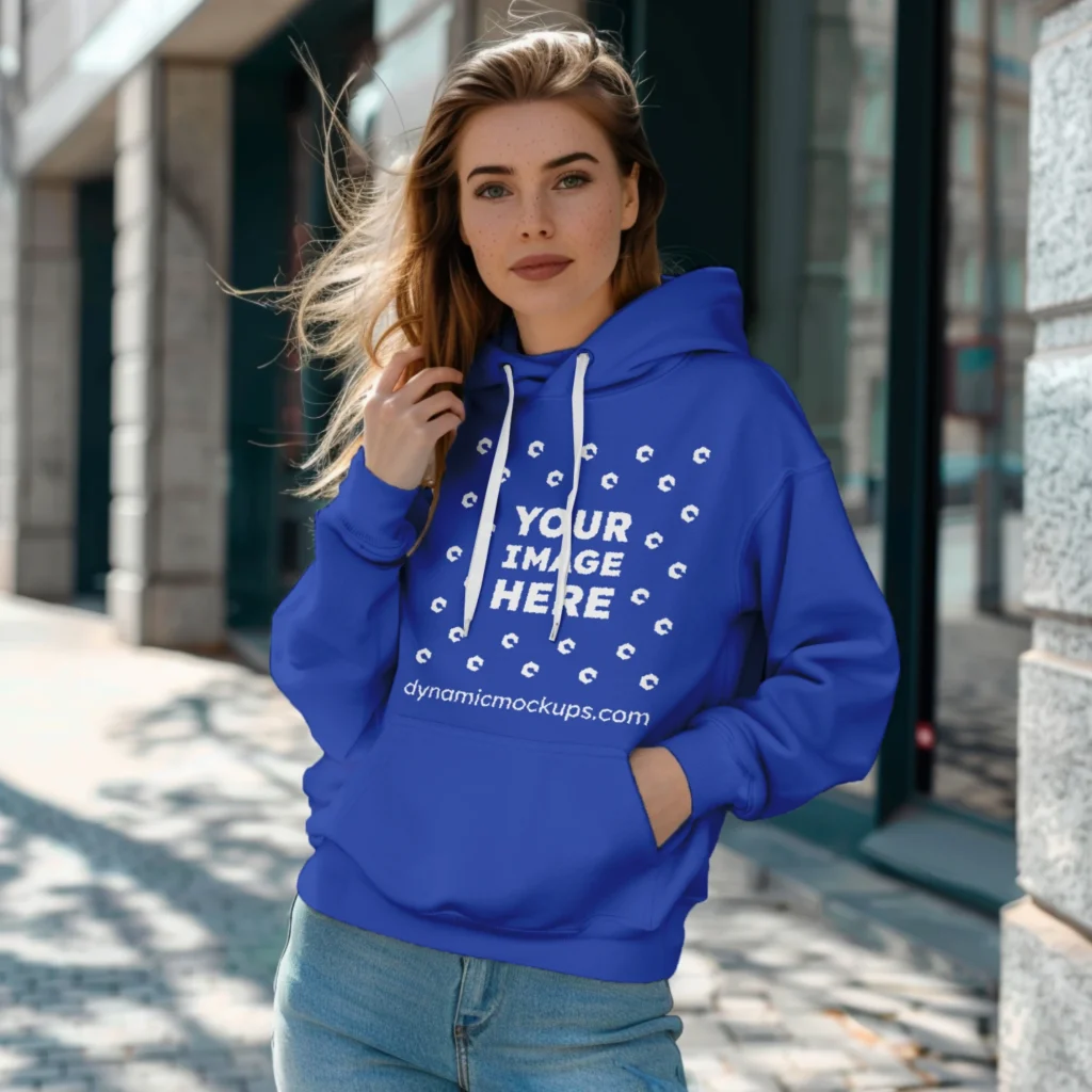 Woman Wearing Dark Blue Hoodie Mockup Front View Template