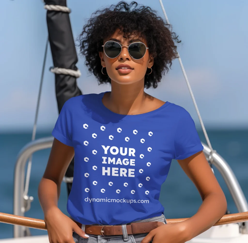 Woman Wearing Dark Blue T-shirt Mockup Front View Template