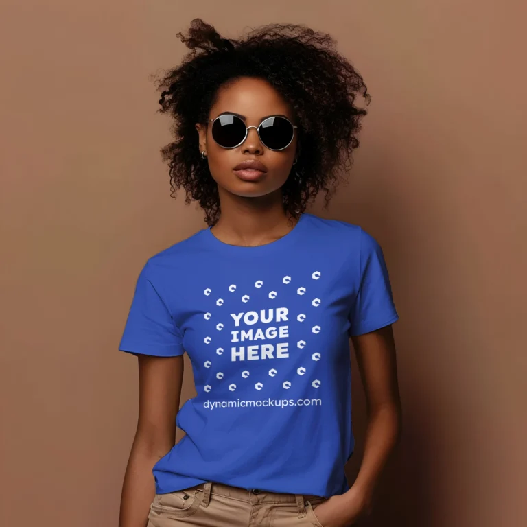 Woman Wearing Dark Blue T-shirt Mockup Front View Template