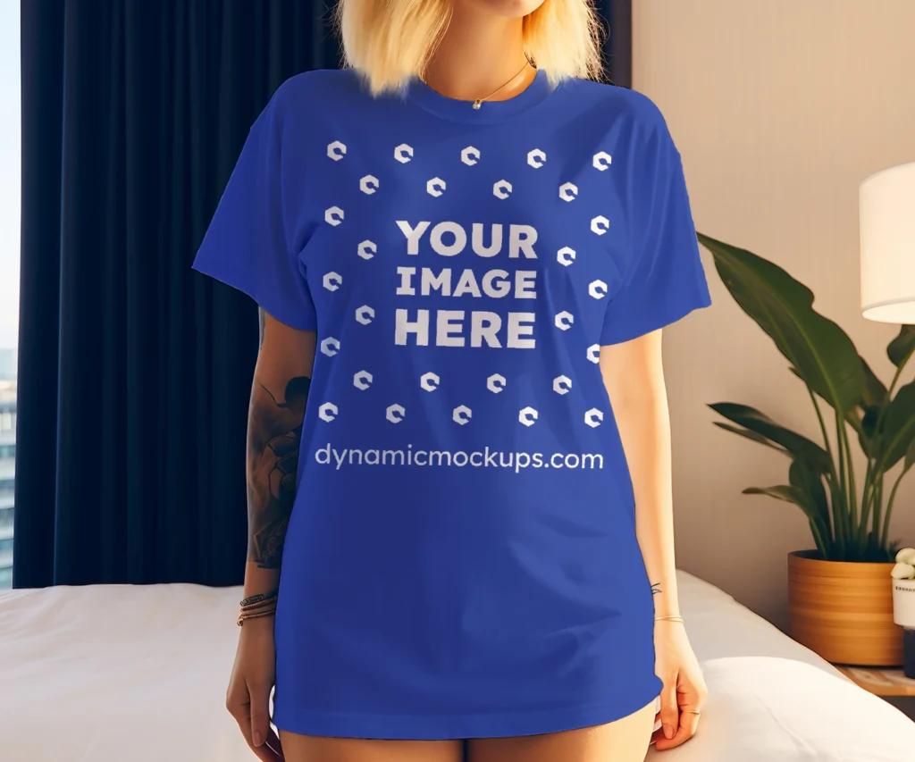 Woman Wearing Dark Blue T-shirt Mockup Front View Template