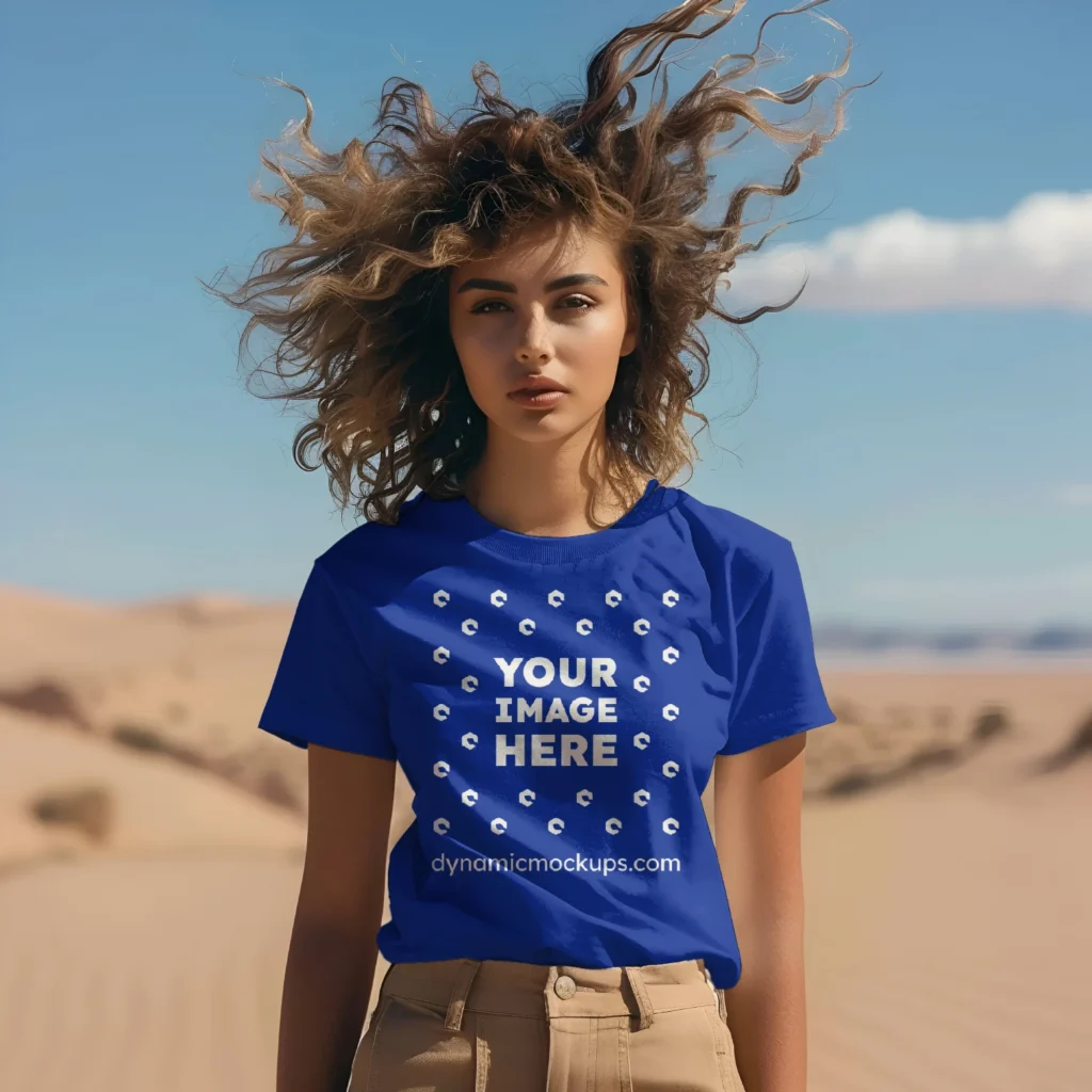 Woman Wearing Dark Blue T-shirt Mockup Front View Template