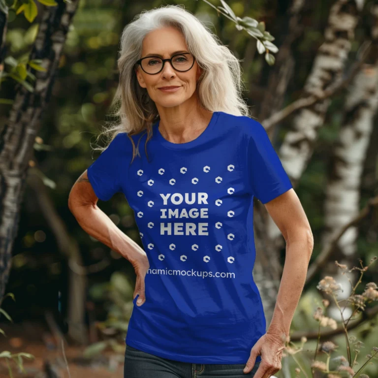 Woman Wearing Dark Blue T-shirt Mockup Front View Template