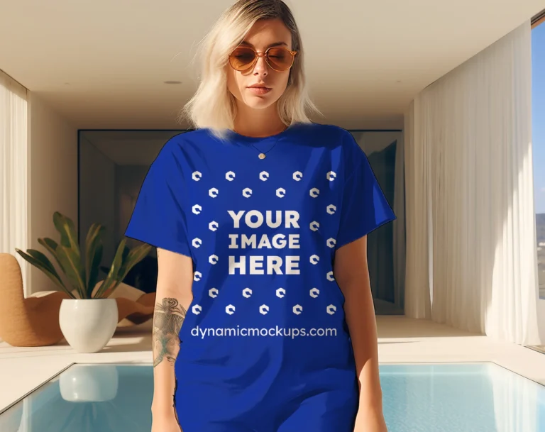 Woman Wearing Dark Blue T-shirt Mockup Front View Template