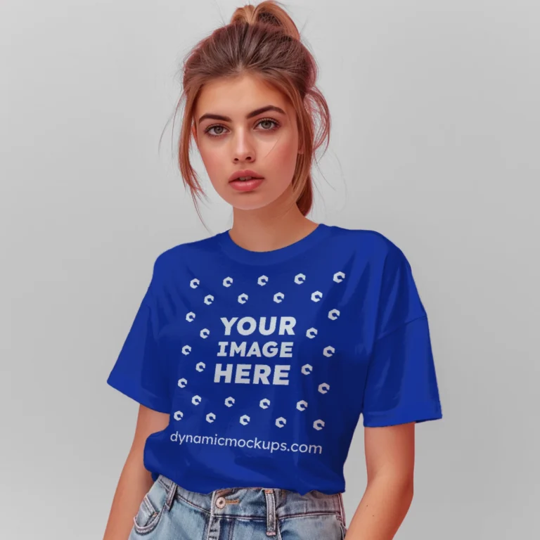 Woman Wearing Dark Blue T-shirt Mockup Front View Template