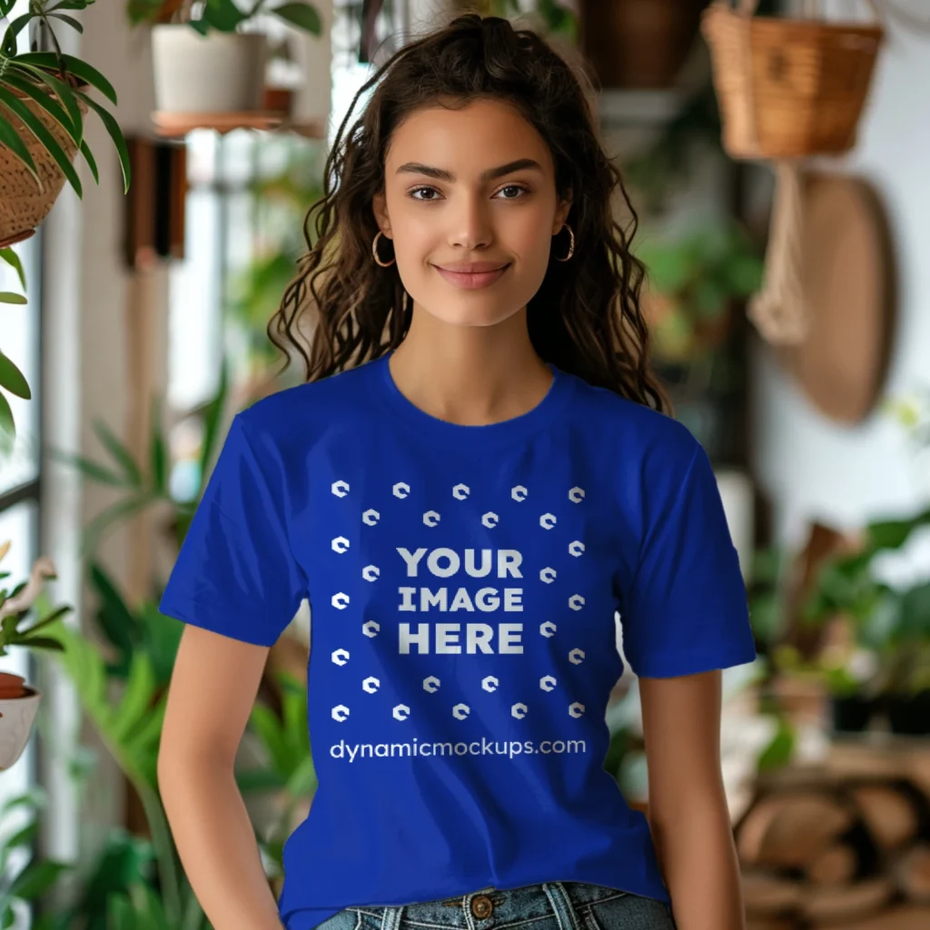 Woman Wearing Dark Blue T-shirt Mockup Front View Template