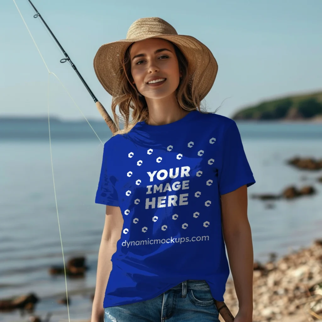 Woman Wearing Dark Blue T-shirt Mockup Front View Template