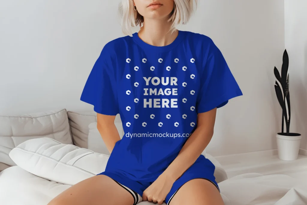 Woman Wearing Dark Blue T-shirt Mockup Front View Template