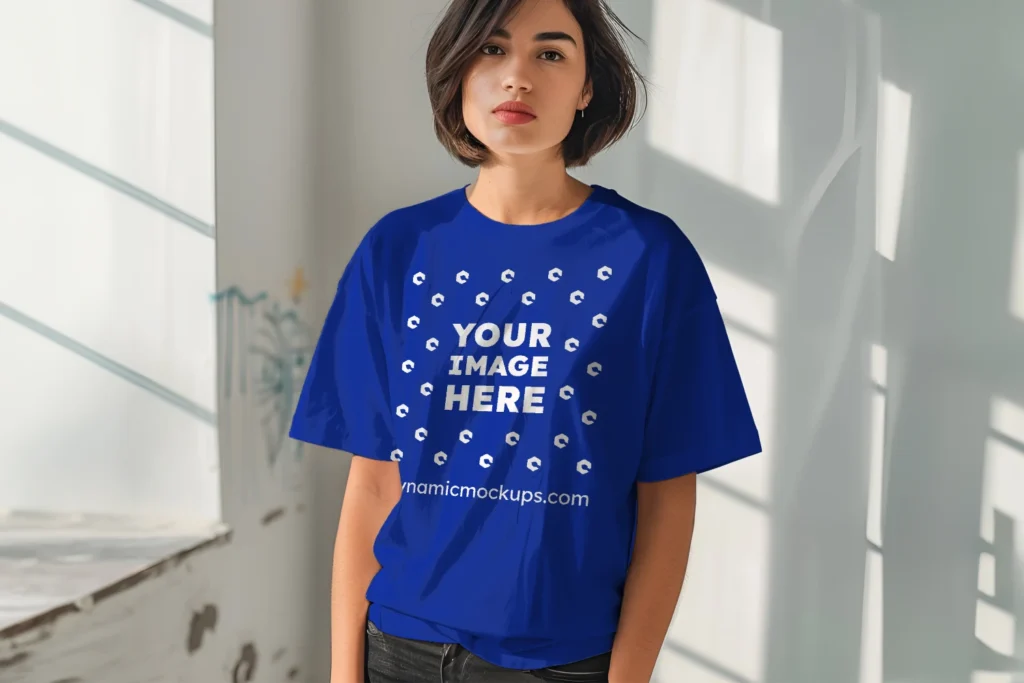 Woman Wearing Dark Blue T-shirt Mockup Front View Template