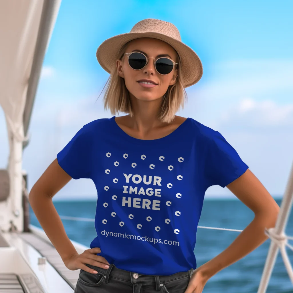 Woman Wearing Dark Blue T-shirt Mockup Front View Template