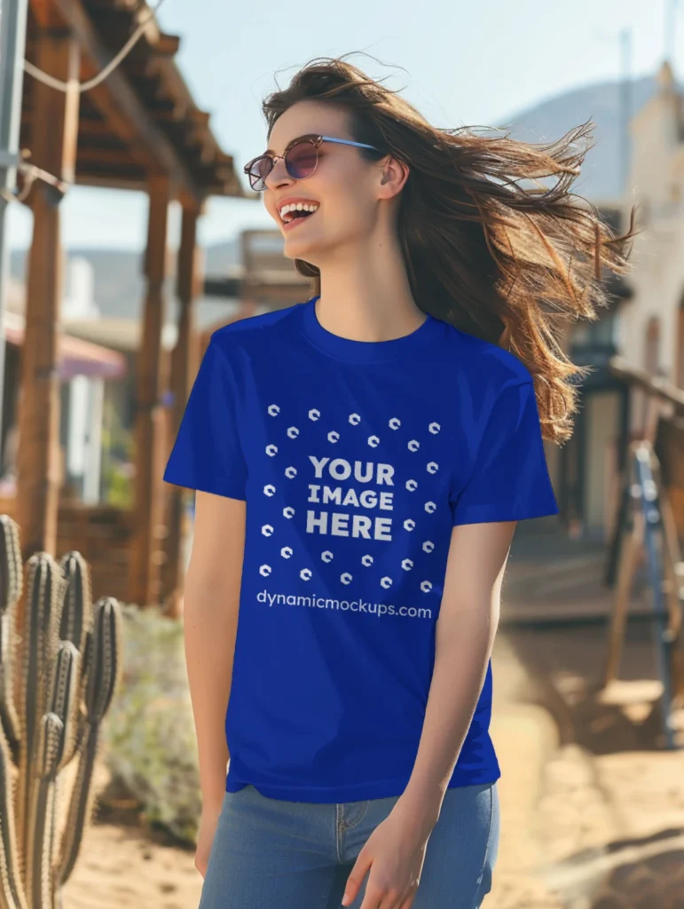 Woman Wearing Dark Blue T-shirt Mockup Front View Template