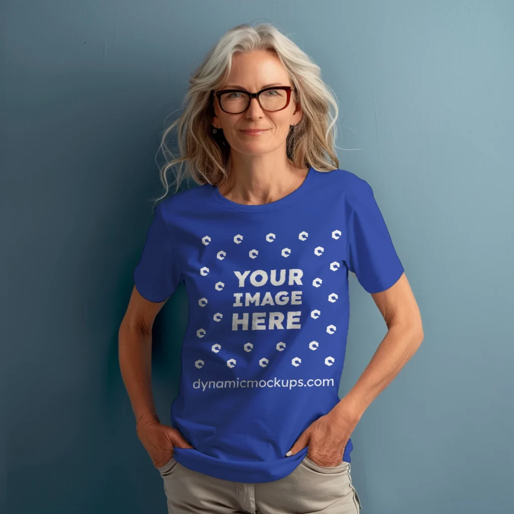 Woman Wearing Dark Blue T-shirt Mockup Front View Template