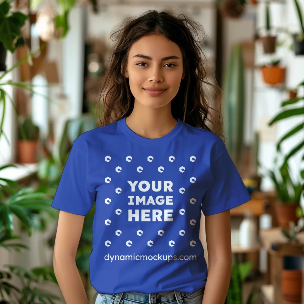 Woman Wearing Dark Blue T-shirt Mockup Front View Template