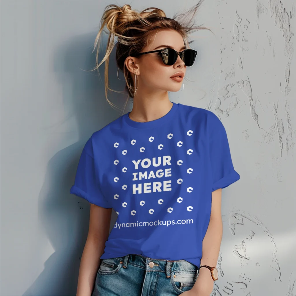 Woman Wearing Dark Blue T-shirt Mockup Front View Template