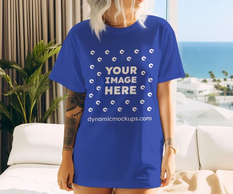 Woman Wearing Dark Blue T-shirt Mockup Front View Template