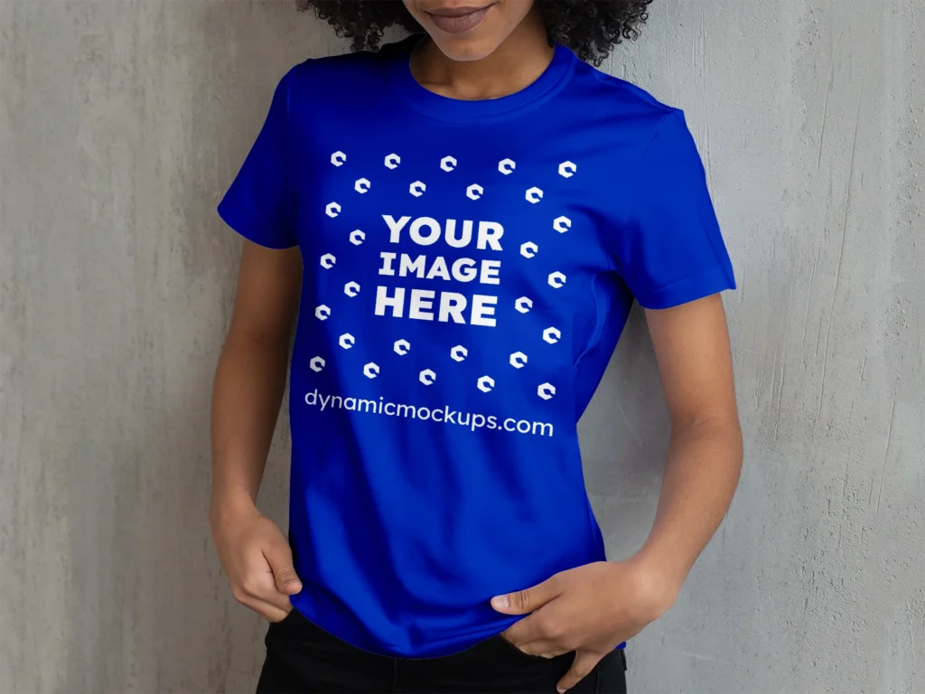 Woman Wearing Dark Blue T-shirt Mockup Front View Template