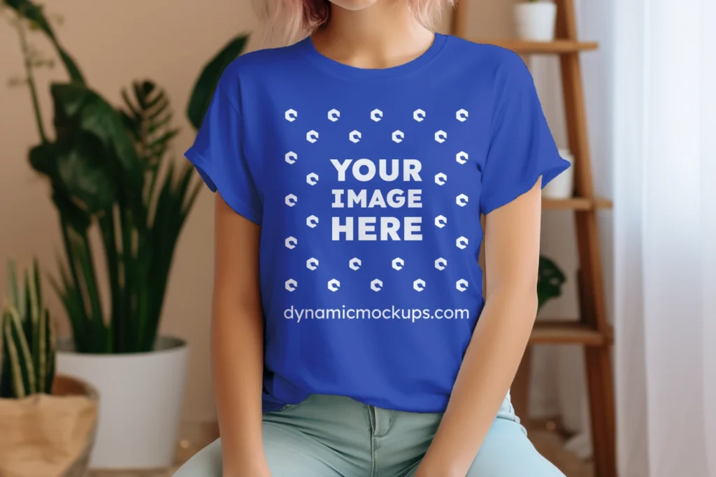 Woman Wearing Dark Blue T-shirt Mockup Front View Template