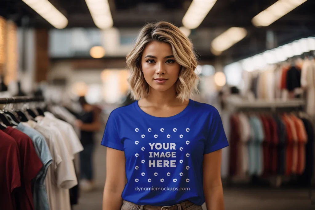 Woman Wearing Dark Blue T-shirt Mockup Front View Template