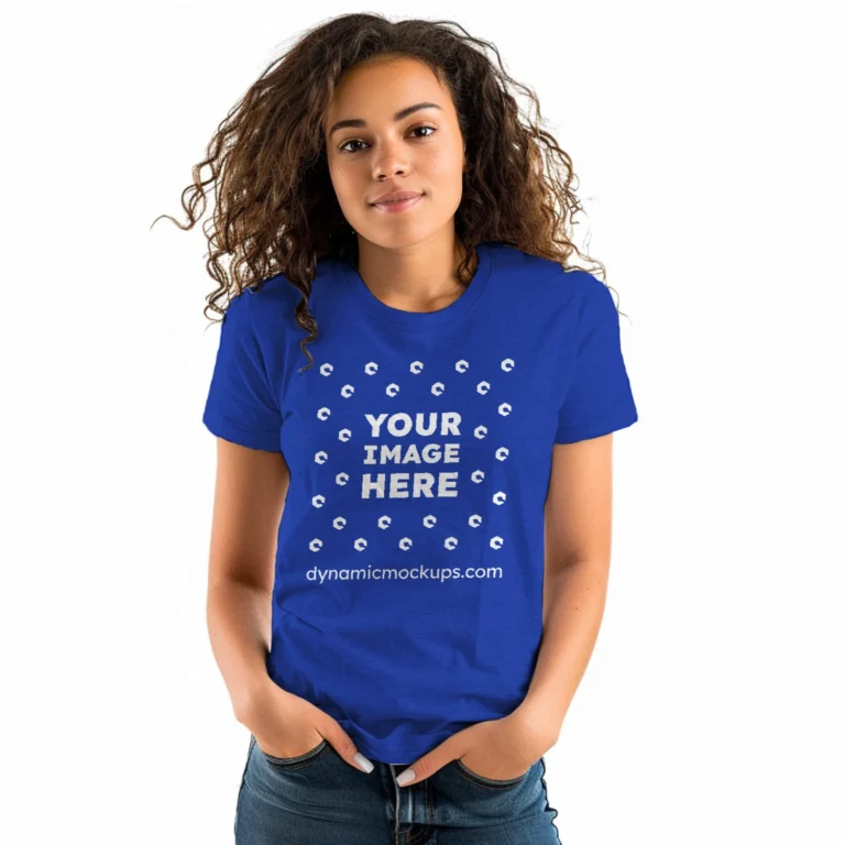 Woman Wearing Dark Blue T-shirt Mockup Front View Template