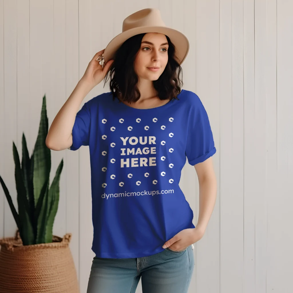 Woman Wearing Dark Blue T-shirt Mockup Front View Template