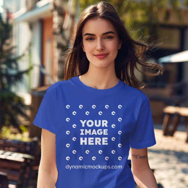 Woman Wearing Dark Blue T-shirt Mockup Front View Template