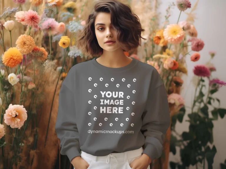 Woman Wearing Dark Gray Sweatshirt Mockup Front View Template