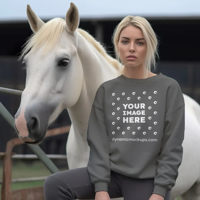 Woman Wearing Dark Gray Sweatshirt Mockup Front View Template