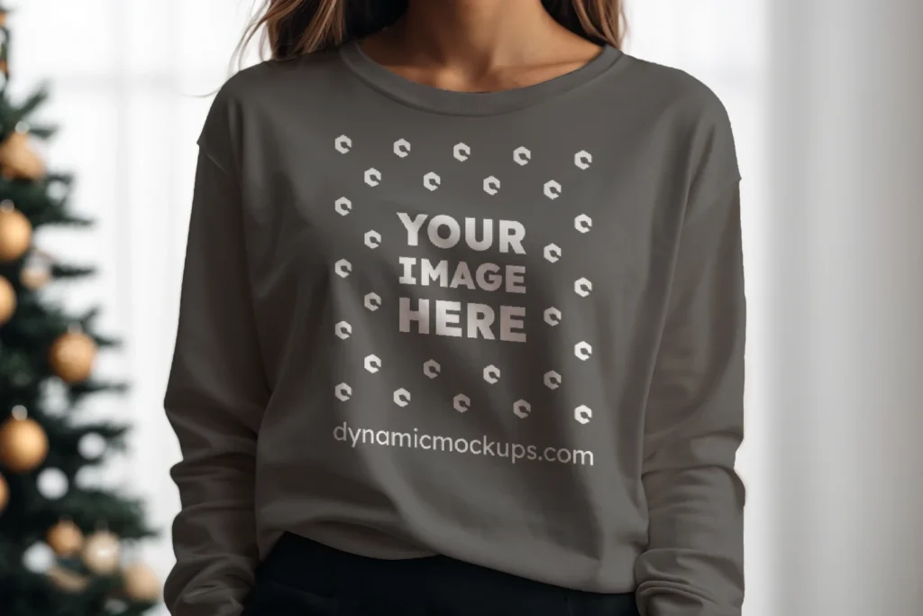 Woman Wearing Dark Gray Sweatshirt Mockup Front View Template