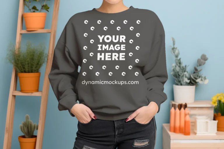 Woman Wearing Dark Gray Sweatshirt Mockup Front View Template