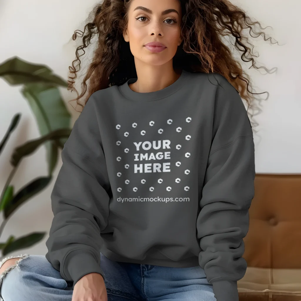 Woman Wearing Dark Gray Sweatshirt Mockup Front View Template