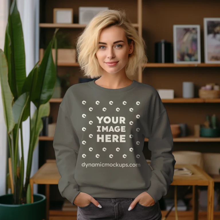 Woman Wearing Dark Gray Sweatshirt Mockup Front View Template