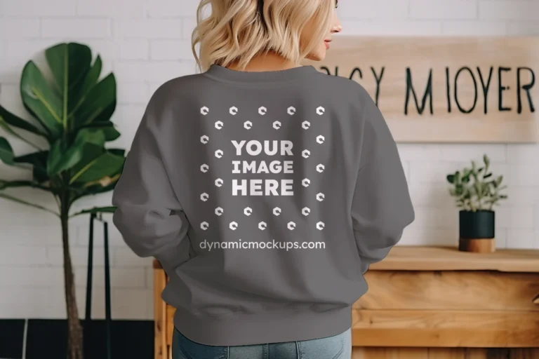 Woman Wearing Dark Gray Sweatshirt Mockup Back View Template