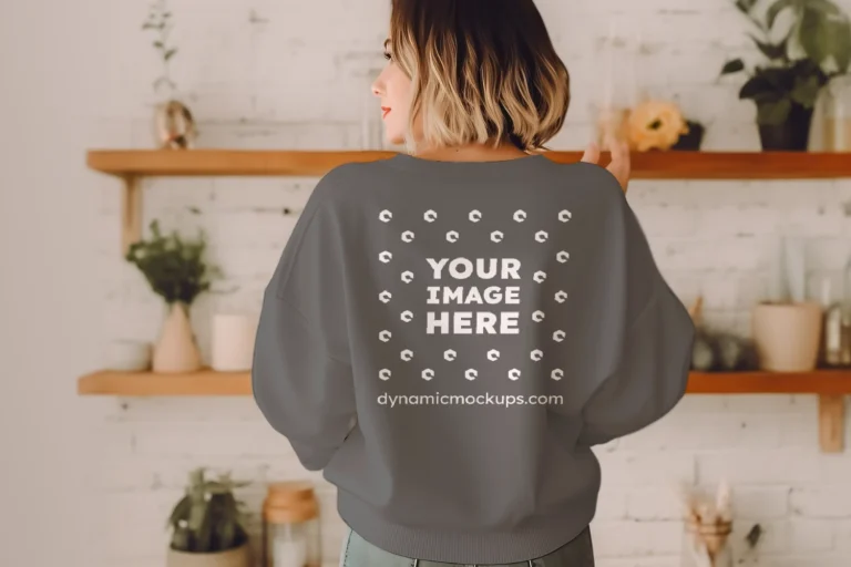 Woman Wearing Dark Gray Sweatshirt Mockup Back View Template