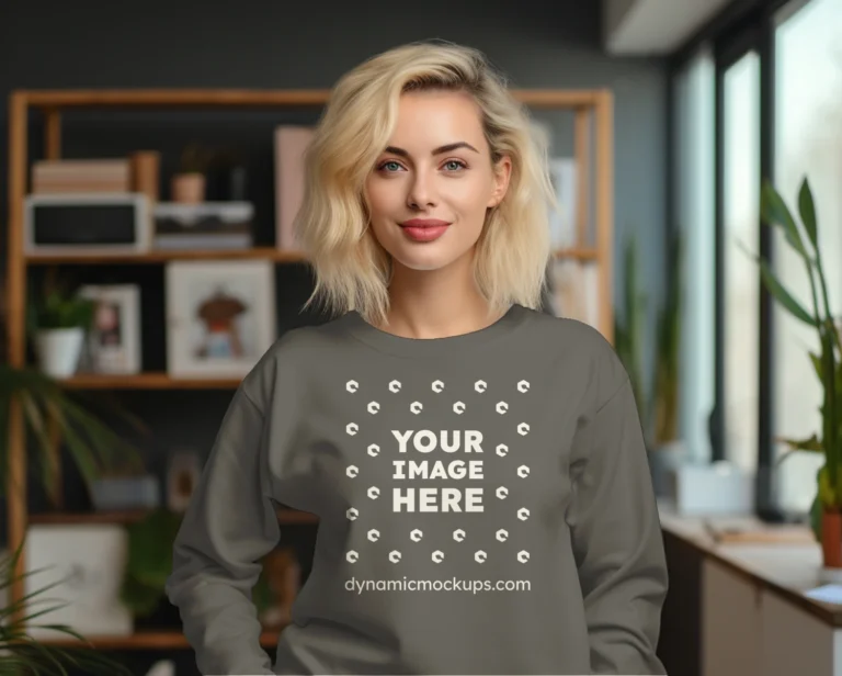 Woman Wearing Dark Gray Sweatshirt Mockup Front View Template