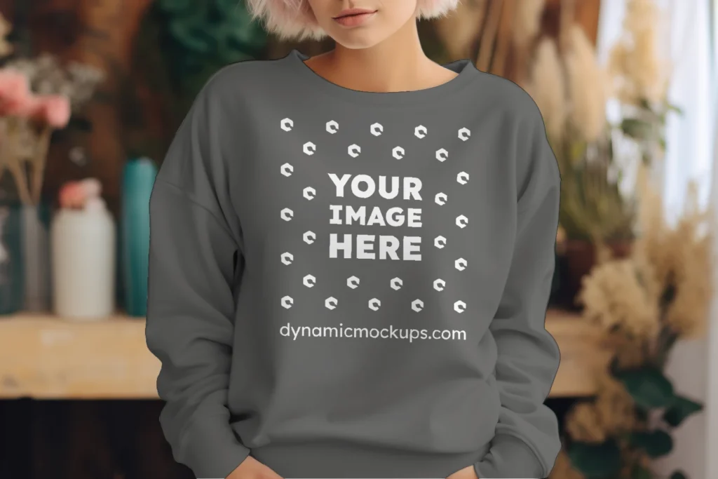 Woman Wearing Dark Gray Sweatshirt Mockup Front View Template