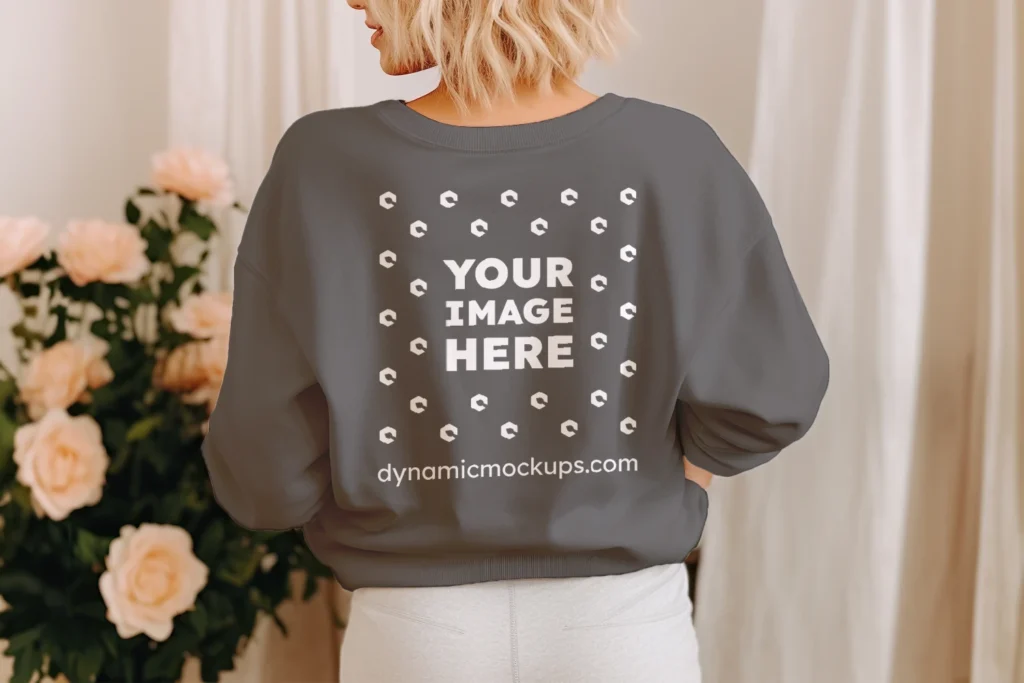 Woman Wearing Dark Gray Sweatshirt Mockup Back View Template